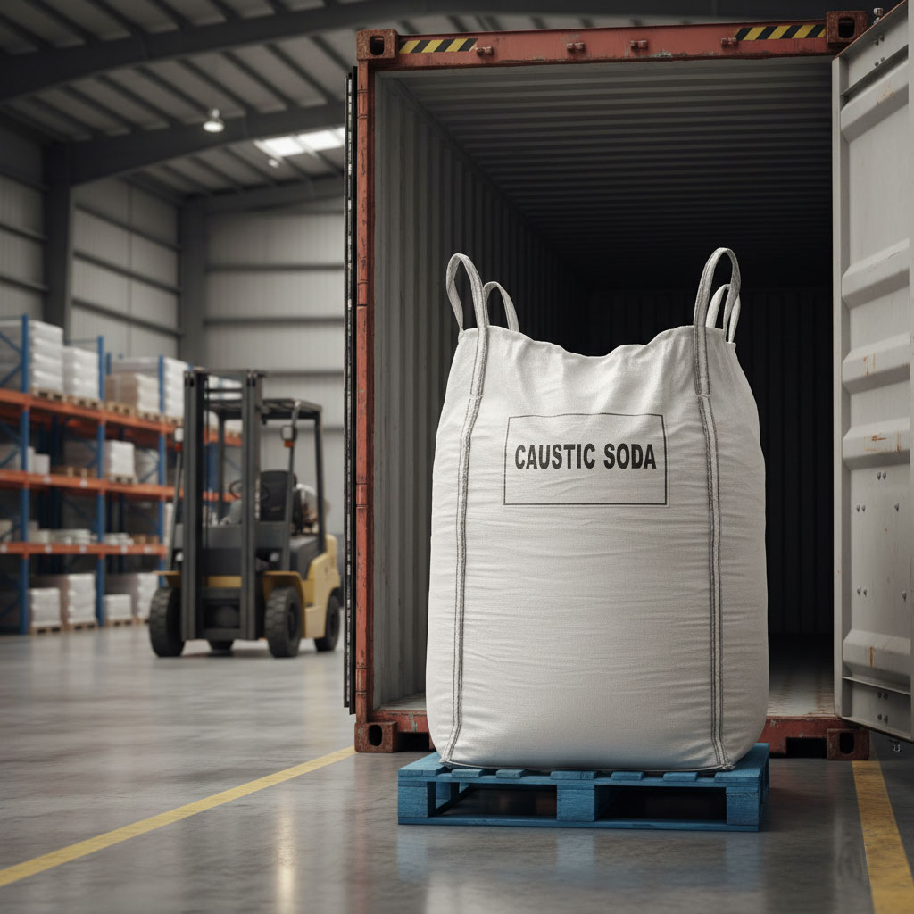 caustic soda jumbo bags prepared for export logistics